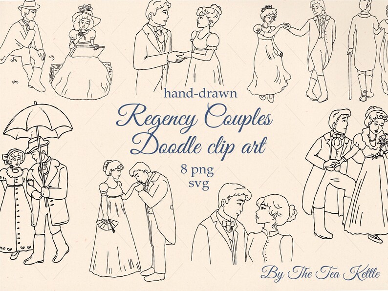 Regency Line Drawing Regency Couples Clipart - Vintage Romantic Doodle Illustrations ...