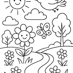 Può includere: Illustrazione in bianco e nero di una scena di una giornata di sole. Un sole sorridente, nuvole soffici e un uccello in volo sopra un campo con fiori, una farfalla e un sentiero tortuoso.