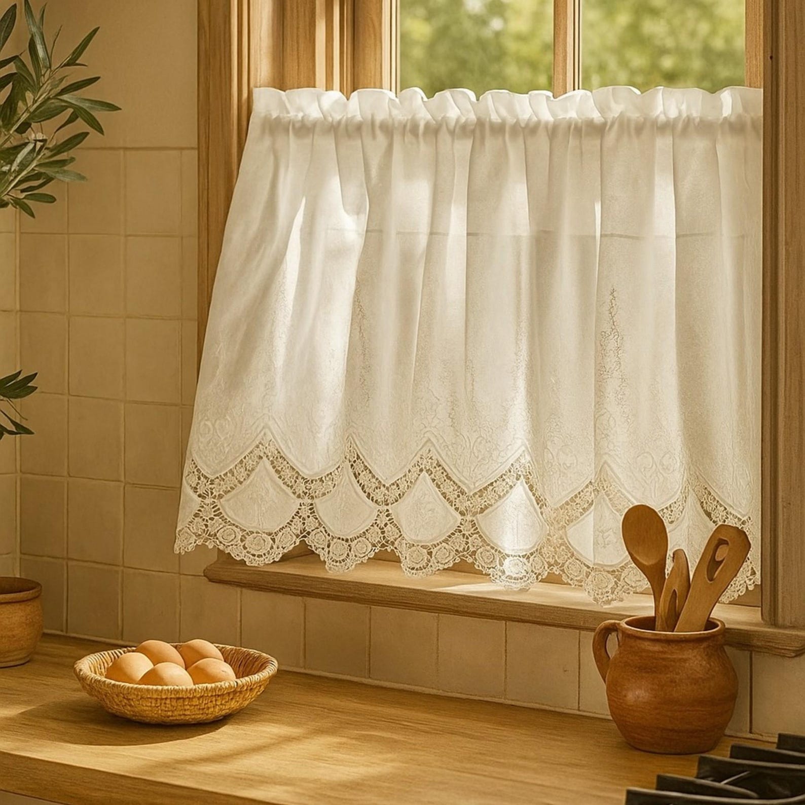 Embroidered White 100% Cotton Cafe Curtain: Cottagecore Kitchen Decor, Rod Pocket, Embroidery pattern - W100XH50cm