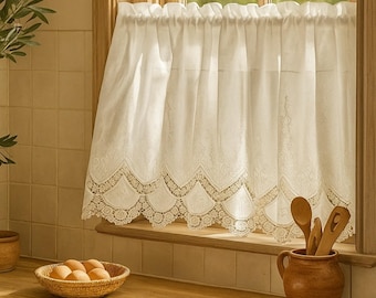 Cortina de café bordada blanca 100 % algodón: decoración de cocina estilo cottagecore, con bolsillo para varilla y patrón de bordado.