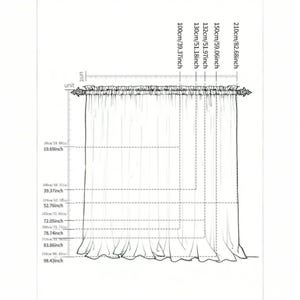 Puede incluir: Un diagrama de una cortina con medidas en cent&iacute;metros y pulgadas. El ancho de la cortina se mide a 100 cm, 130 cm, 132 cm, 150 cm y 210 cm. La altura se mide a 50 cm, 100 cm, 134 cm, 183 cm, 200 cm, 213 cm y 230 cm.