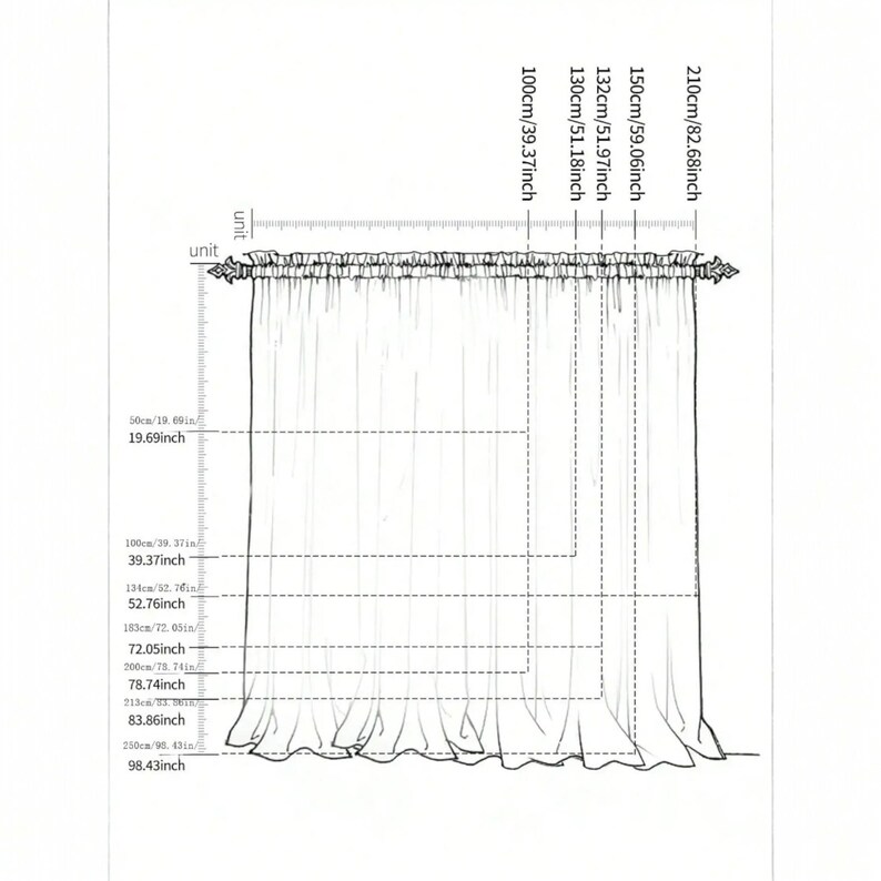 Puede incluir: Un diagrama de una cortina con medidas en cent&iacute;metros y pulgadas. El ancho de la cortina se mide a 100 cm, 130 cm, 132 cm, 150 cm y 210 cm. La altura se mide a 50 cm, 100 cm, 134 cm, 183 cm, 200 cm, 213 cm y 230 cm.