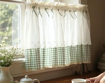 Green Gingham Cafe Curtain: Embroidered Lace, Cottagecore Kitchen Valance,  Made of 60% Cotton