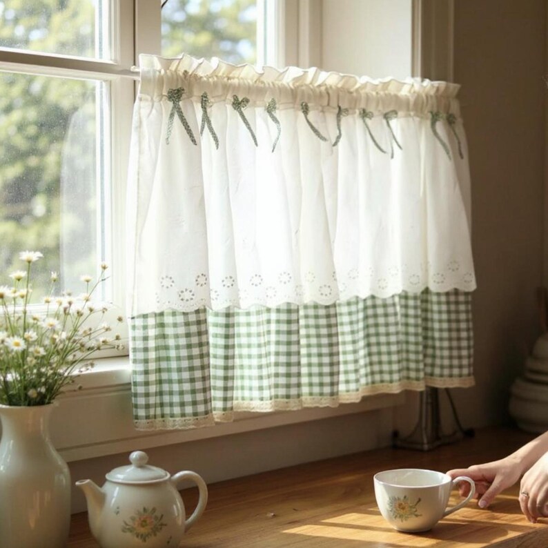 Green Gingham Cafe Curtain: Embroidered Lace, Cottagecore Kitchen ...