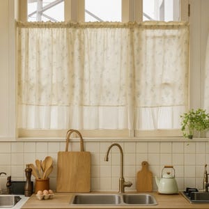 Geraffte Küche Vorhang 100% Baumwolle: Französischer Cottage Cafe Vorhang, Gelbe und Weiße Borte