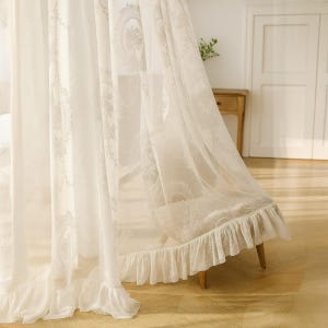 White Lace Sheer Curtains: Floral Tulle Drapes Window Panels Boho Decor