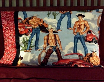 Sexy Cowboy Pillow Case - Left Border. Cowboy. Cowgirl. Bride. Bachelorette. Housewarming. Gay. Gift.Christmas Pride