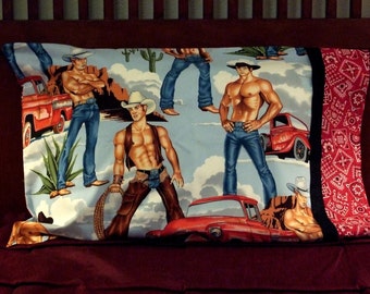 Sexy Cowboy Pillow Case - Right Border. Western. Bachelorette. Housewarming. Western. Pride. Novelty Gift Gag Bride Gay Cowgirl Cowboy