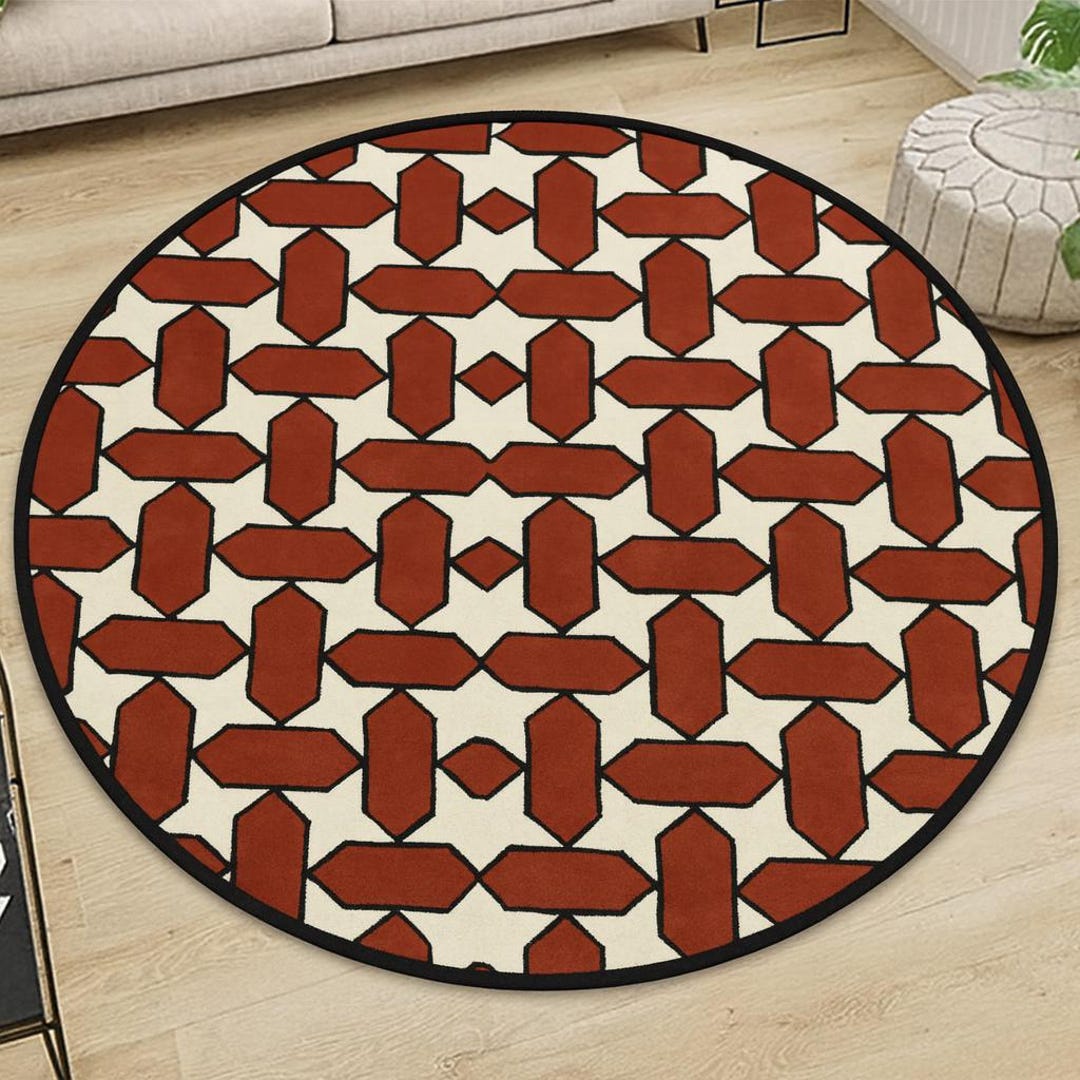 Red Geometric Print Design Round Hand Tufted Rug. Handmade Rug. Circle ...