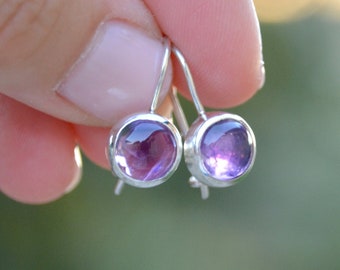 Amethyst Dangle Earrings, Classic Minimalistic Amethyst Gemstone Earrings in 925 Sterling Silver, Handmade in Israel