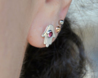 Hamsa Stud Earrings set with Garnet Gemstone, Sterling Silver Hamsa Hand Earrings, Boho Studs, Yoga Jewelry Handmade in Israel