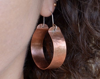 Copper Hoop Earrings, Big Hoops Earrings, Sterling Silver Ear Wires, Handmade Earrings, Textured, Mixed Metal Jewelry