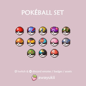 Peut inclure: Une collection d'art numérique en pixels intitulée POKÉBALL SET présentant douze icônes sphériques distinctes avec des motifs et des couleurs variés. Sous les icônes, le texte indique twitch & discord emotes / badges / assets, suivi d'une fraise et awayukii.