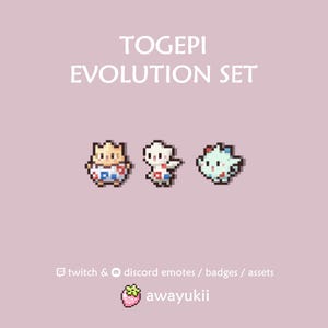 Puede incluir: Un conjunto de arte digital en píxeles titulado TOGEPI EVOLUTION SET que presenta tres pequeños personajes con patrones blancos, rojos y azules. El gráfico incluye el texto twitch & discord emotes / badges / assets y el nombre de usuario awayukii con un icono de fresa.