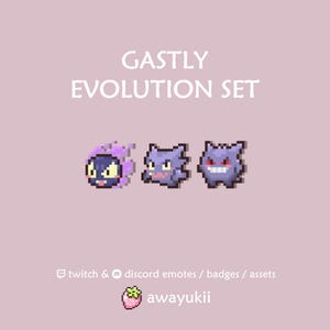 May include: A digital pixel art set titled GASTLY EVOLUTION SET featuring three purple ghost-like creatures. Below the characters, the text reads twitch & discord emotes / badges / assets, followed by a strawberry icon and the text awayukii.