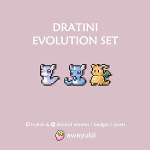 Puede incluir: Un gráfico digital con el texto DRATINI EVOLUTION SET, tres personajes de dragón en pixel art de color azul claro, azul medio y naranja, con el texto twitch & discord emotes / badges / assets y awayukii con un icono de fresa.