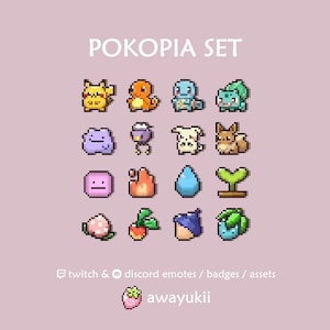 May include: A digital pixel art collection titled POKOPIA SET featuring sixteen small icons of creatures, plants, and elemental symbols, followed by the text twitch & discord emotes / badges / assets and the creator name awayukii.
