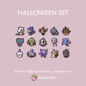 May include: A digital collection titled HALLOWEEN SET featuring fifteen pixel art character icons. Below the grid, the text reads twitch & discord emotes / badges / assets and awayukii, accompanied by a small pixelated strawberry icon.