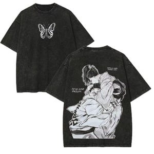 Demon Slayer Inspired Mineral Wash Shirt, Vintage Manga Panel Anime Tee, Emotional Hug Scene Graphic, Oversized Japanese Streetwear T-Shirt