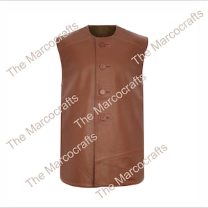 May include: A brown leather vest with a round collar and four button closures. The vest is sleeveless and has a tailored fit. The leather appears to be smooth and has a slight sheen. The vest is a medium length.