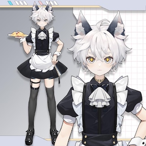 May include: An anime-style character in a black and white maid outfit with cat ears. The character has white hair, yellow eyes, and is holding a plate of food. The outfit includes a ruffled collar, apron, and garter belt.