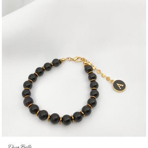Onyx & Hematite Bracelet – Natural Stone Jewelry – Custom Letter Charm – Unisex Adjustable Gift – Handmade Protection Piece