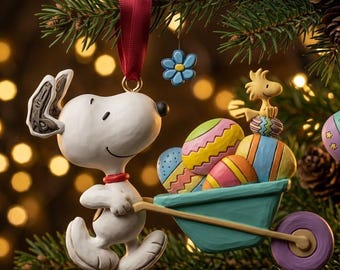 Snoopy Easter Ornament, Peanuts Beagle Wheelbarrow Egg Decor, Personalized Graduate Keepsake