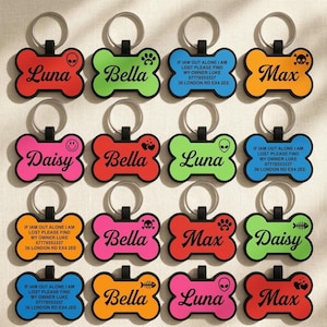 May include: A collection of colorful dog tags in various shapes and colors, including red, green, blue, orange, and pink. Each tag features a name, a symbol, and some include contact information. The tags are attached to silver key rings.