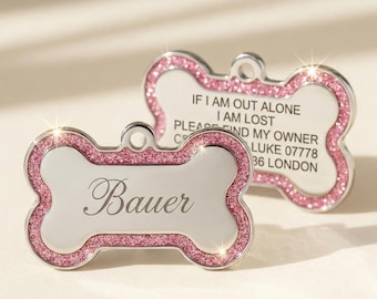 Personalized Glitter Pet ID Tag, Deep Engraved Bone Dog Tag, Custom Stainless Steel Name Charm, Cute Bling Puppy Collar, Dog Mom Gift