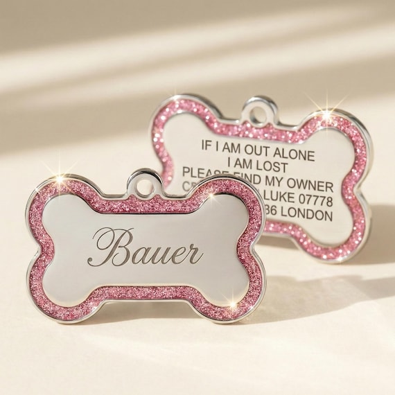 Personalized Glitter Pet ID Tag, Deep Engraved Bone Dog Tag, Custom Stainless Steel Name Charm, Cute Bling Puppy Collar, Dog Mom Gift