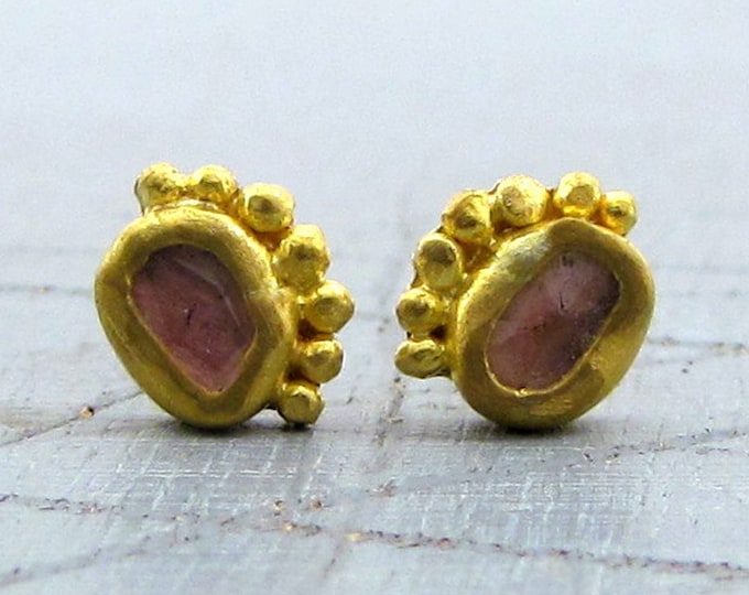 24 Karat Solid Gold Studs Earrings / Pink Tourmaline Gold Post Earrings Etsy