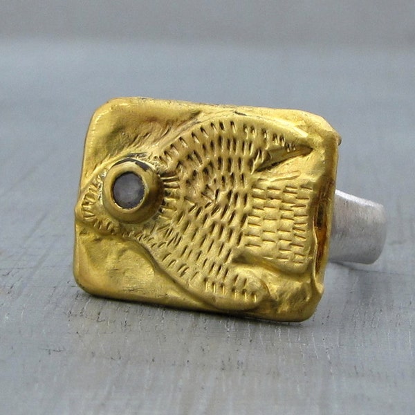 24k Gold & Silver Moonstone Signet Bird Ring