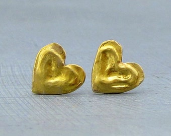 Handmade 24k Gold Heart Studs - Solid 24kt Gold Post Earrings