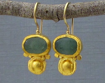 24k Solid Gold Aventurine Earrings / Solid 24 Karat Dangle Gold Earrings