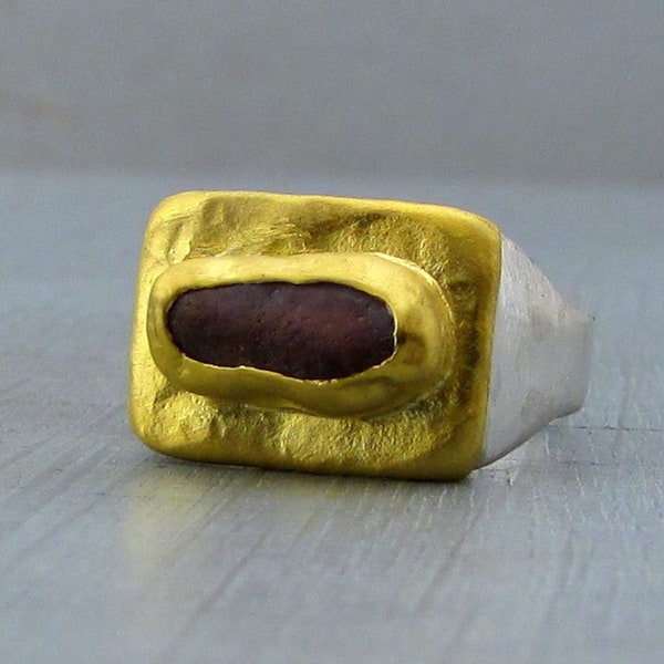 Rougt Ruby and 24k gold Signet Ring - Mix Metal Ring