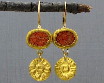 Handmade Coral Dangle Earrings - 24k Gold Earrings