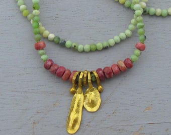 Green Shaded Opal, Thalite & fine 24k gold necklace
