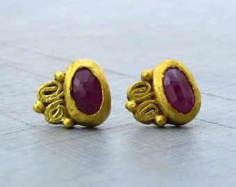 Ruby Gold Stud Earrings, Handcrafted Jewelry, Gold Gemstone Earrings