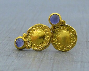 Solid 24 Karat Iolite Studs - Pure 24k Gold Studs