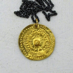 Handmase 24k solid gold round pendant /  Handmade 24 karat gold and silver chain