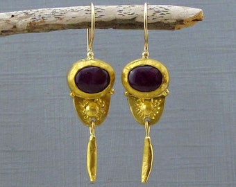 Handmade Ruby 24k Gold Dangle Earrings