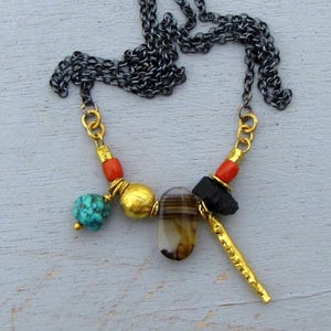 Solid 24k Gold and Gemstone Beads Necklace - Gold and Silver Artisan Necklace