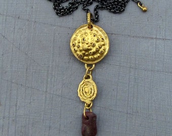Solid 22k Gold Necklace with Silver and Ruby,  22 karat gold jewelry