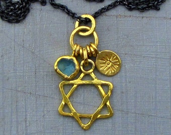 22k Gold Star of David Charms Necklace / Rough Apatite Solid Gold & Silver Pendants Necklace