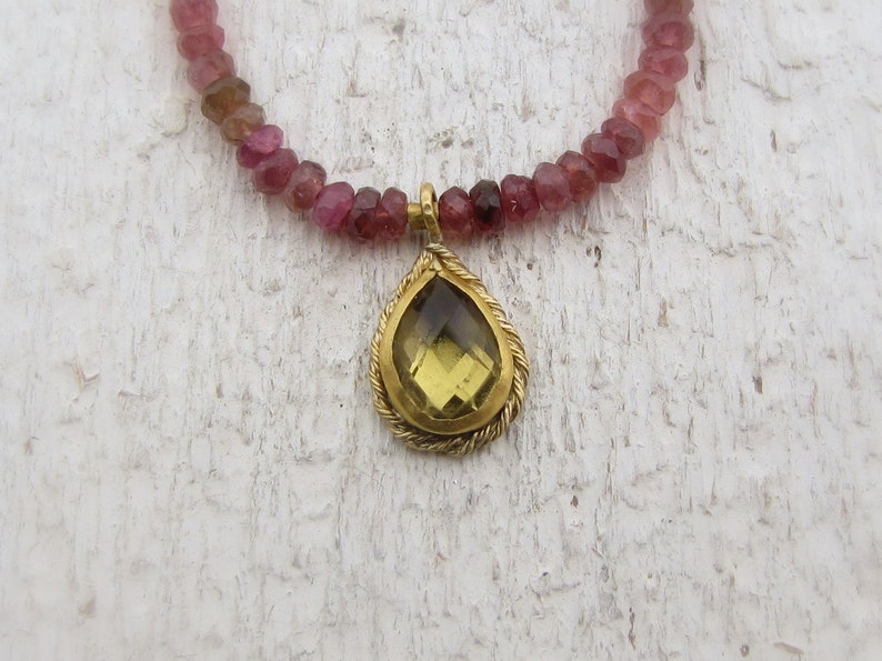 22k Gold Pendant Olive Quartz & Tourmaline Necklace Solid Etsy