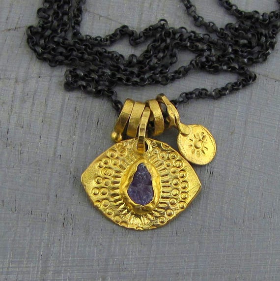 Evil Eye 22k Gold Necklace, Handmade Solid Gold & Rough Tanzanite Eye Pendant, Pure Gold and Silver Medallion Charms Necklace