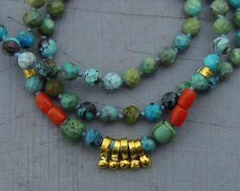 Turquoise Coral and 24k gold necklace / Fine gold beaded necklace