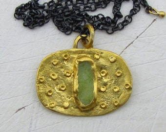 24 Karat Gold and Rough Lemon Jade Pendant Necklace, Solid 24k Gold Artisan Jewelry