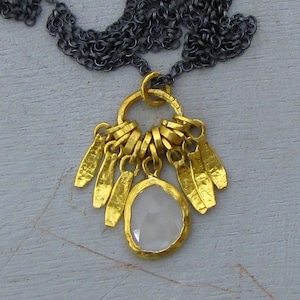 24k Gold White Moonstone Charms Necklace / Solid Gold & Silver Pendants Necklace