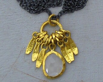 24k Gold White Moonstone Charms Necklace / Solid Gold & Silver Pendants Necklace